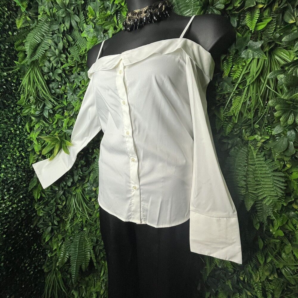 CASTING Tops Women Medium White Blouse Button Shirt Cold Shoulder Sleeve 0748